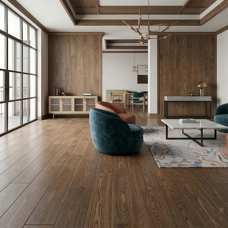 Lantai Kayu Solid Pernis UV Coklat Tua Abu Putih