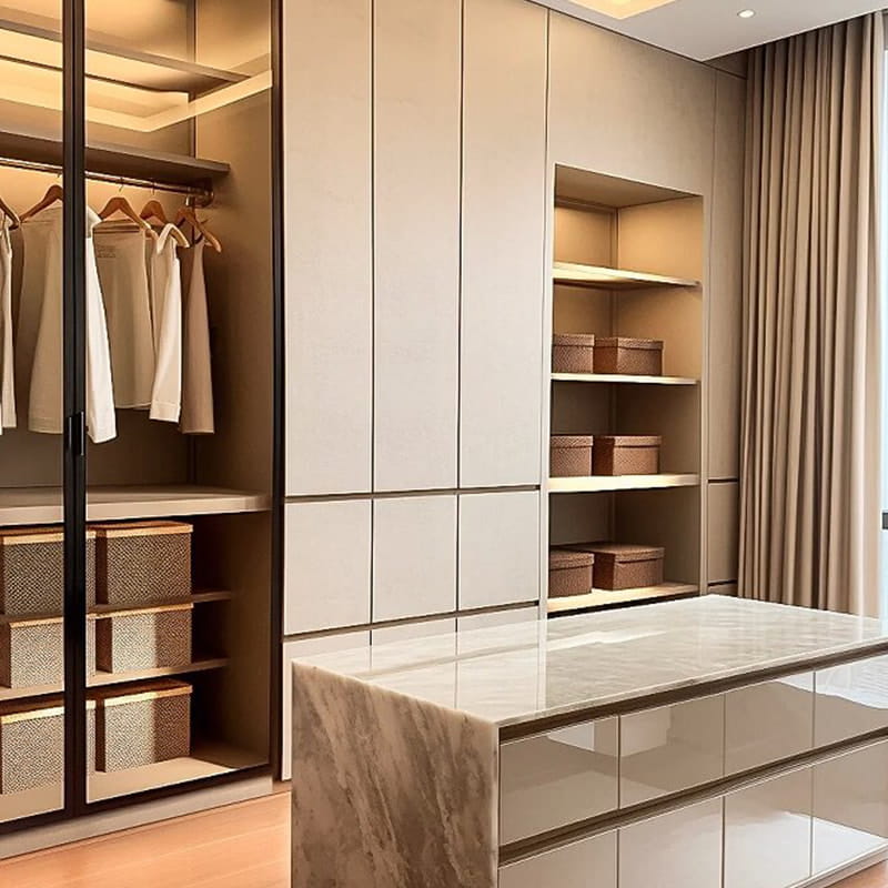 Lemari Walk-in Veneer Bercahaya Minimalis Louvre